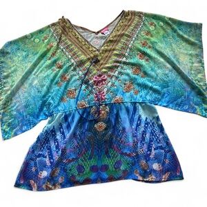 Embellished Boho Kaftan Top L Peacock Print Tunic Festival Y2K Gypsie 90 Beaded